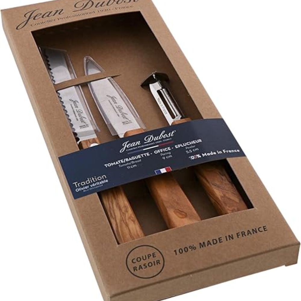 Set cocina 3 piezas (12 cm+12cm +pelador) mango olivo tradicional caja kraft Laguiole Jean Dubost