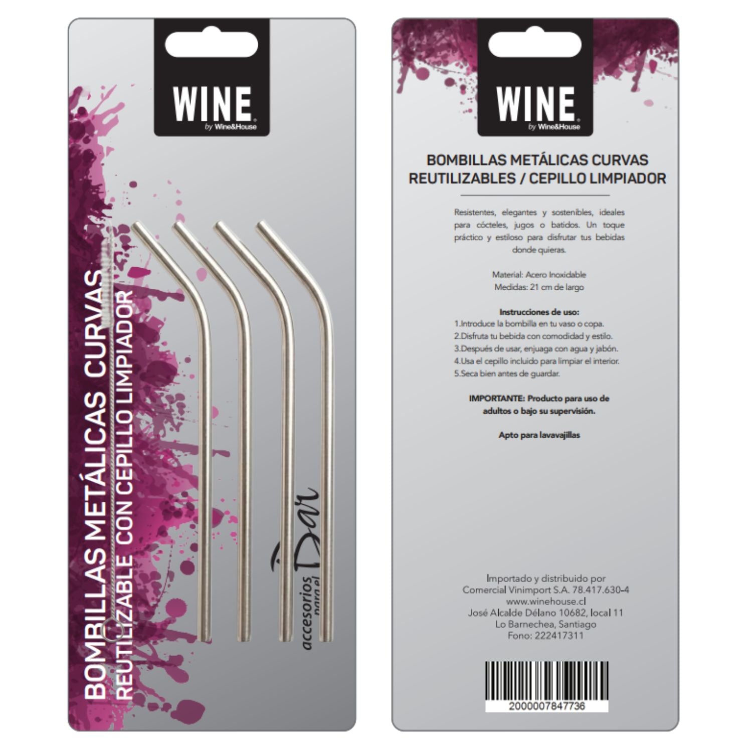 Set 4 Bombillas de Acero Inoxidable Curvas + Cepillo de Limpieza Wine