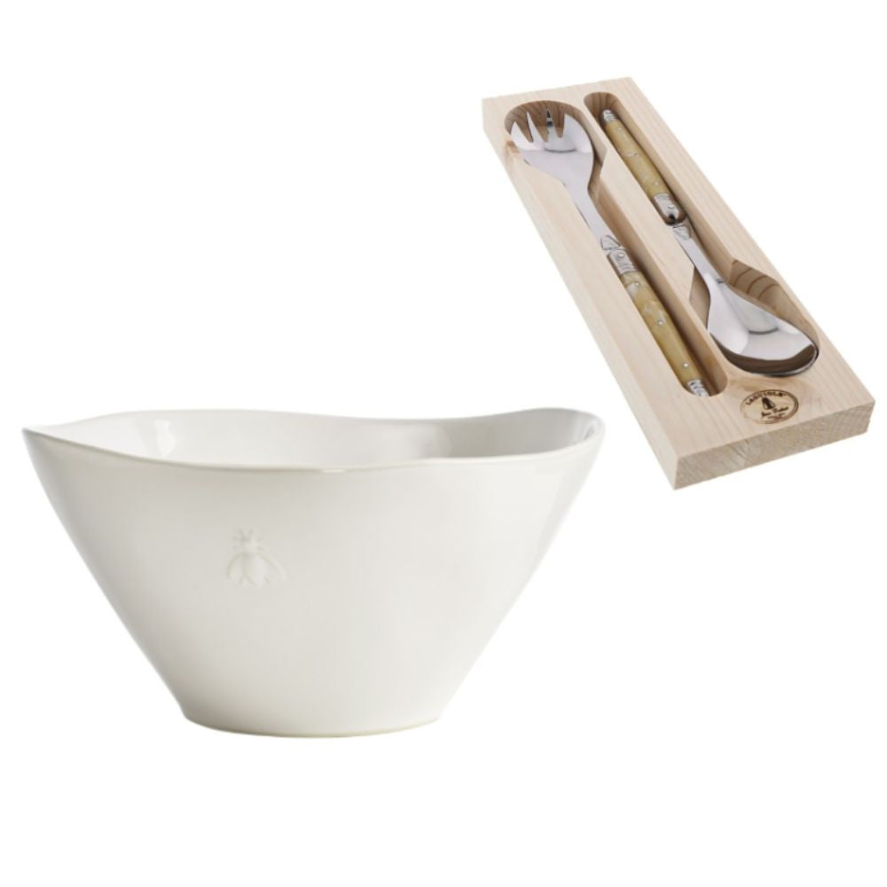 PACK: ENSALADERA CERÁMICA BLANCA ABEJA + PIEZAS DE SERVIR