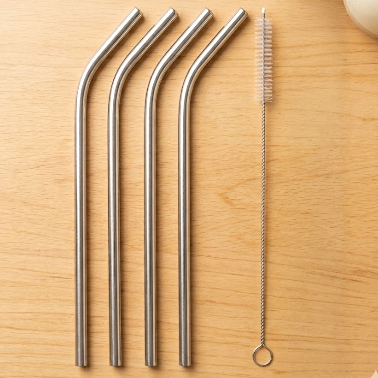 Set 4 Bombillas de Acero Inoxidable Curvas + Cepillo de Limpieza Wine