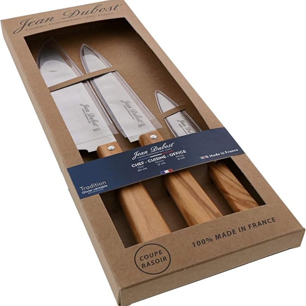 LAGUIOLE 3 CUCHILLOS COCINA MANGO MADERA OLIVO (Caja Kraft)