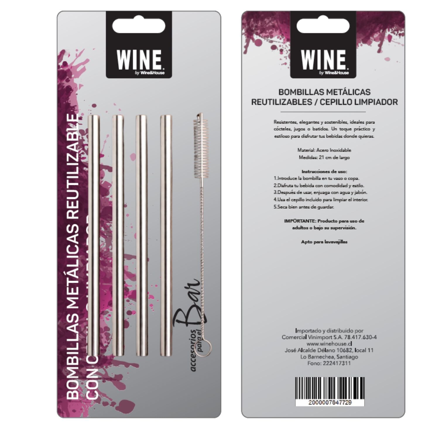 Set 4 Bombillas de Acero Inoxidable Rectas + Cepillo de Limpieza Wine