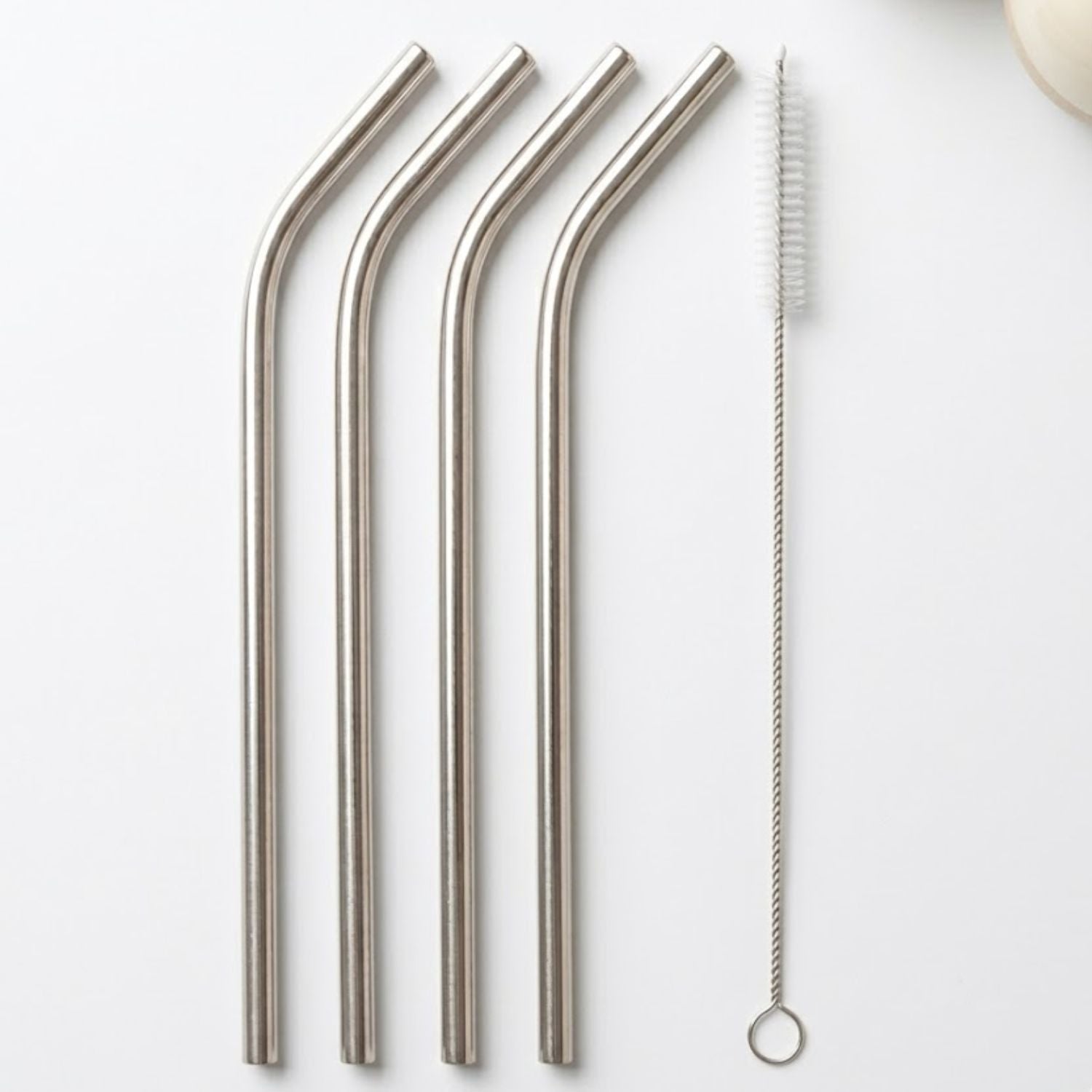 Set 4 Bombillas de Acero Inoxidable Curvas + Cepillo de Limpieza Wine