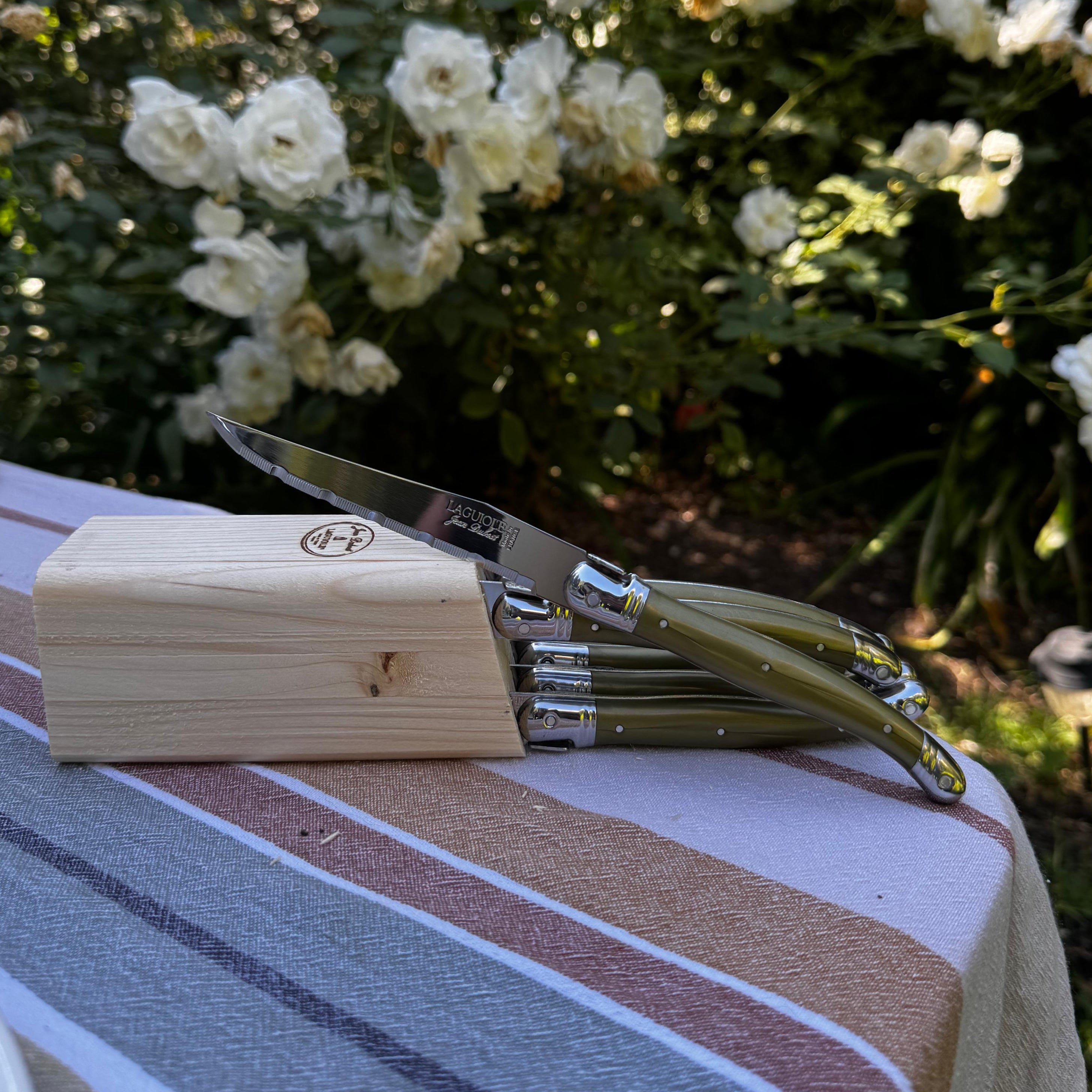 BLOQUE 6 CUCHILLOS VERDE OLIVA LAGUIOLE JEAN DUBOST